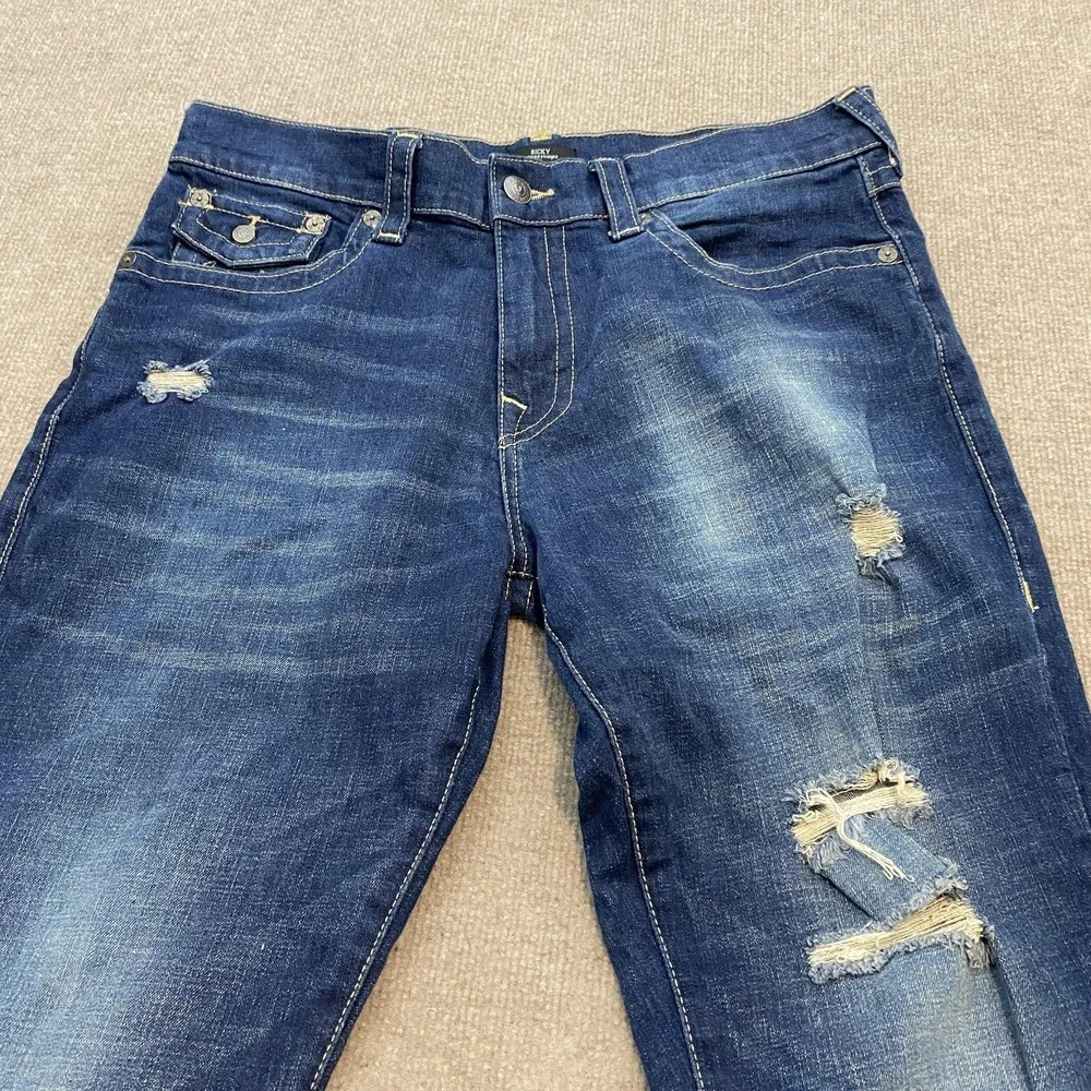 True Religion Ricky Relaxed Straight Jeans Mens‎ 36x34 Med Wash Distressed Denim